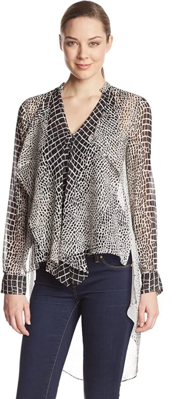 BCBGMAXAZRIA Joel Hi-Low Blouse Women's Size XXS Gardenia Combo Sheer V-Neck